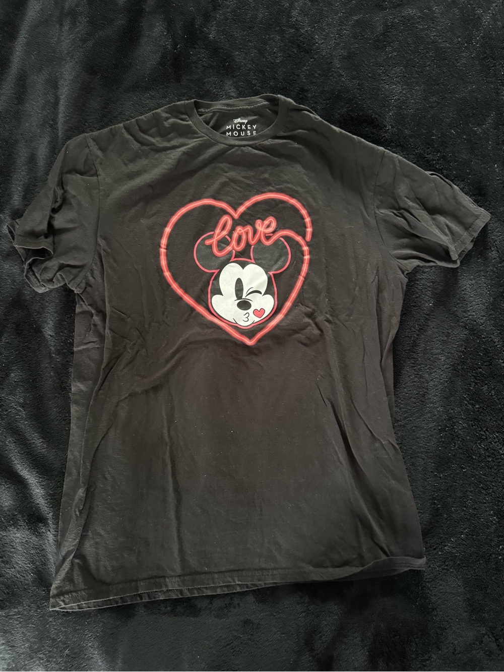 Disney Black Tee with Red Heart & White Mickey Graphic